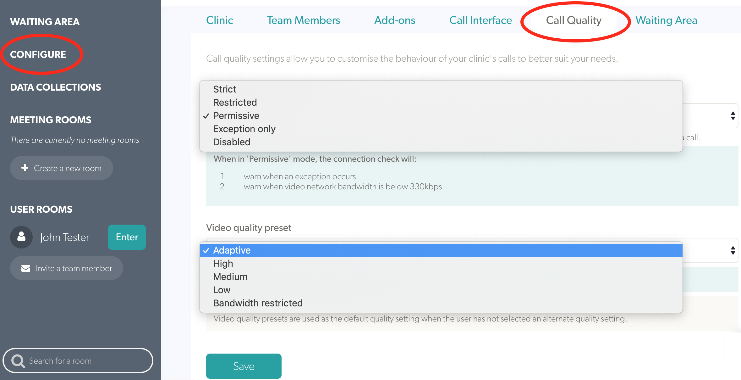 Configure the call quality test and parameter settings for patients